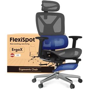FLEXISPOT ErgoX - Sedia ergonomica da ufficio in rete con poggiapiedi, poggiatesta 3D, supporto lombare, schienale 5D regolabile, braccioli 3D, seduta traspirante, ruote, 130 kg