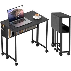 HOMCOM Scrivania Salvaspazio Pieghevole a Ribalta, 80x50x75 cm Scrivania Piccola con Ruote a Freno, Scaffale e Tasca Portaoggetti, Tavolo Computer Richiudibile per Casa, Studio e Ufficio, Nero