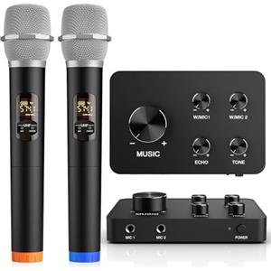 voijump Microfono Wireless UHF Set - Doppio Microfono Karaoke Senza Fili, 2x8 Frequenze, Portata 30m, Ideale per Karaoke con Microfono, DJ, Canto, Chiesa, Altoparlante, Sistema PA