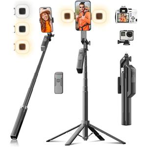 Funxee Asta per Selfie Treppiede Smartphone - Bastone Selfie Stick Cavalletto per Telefono 180cm con Telecomando e 2 luce LED per Video e Foto, Supporto tripod per iPhone, Android, Fotocamera e Gopro