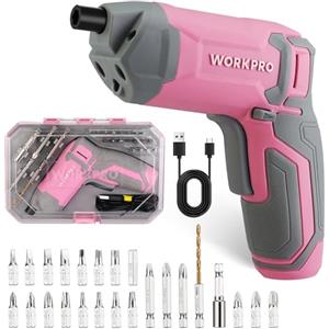 WORKPRO Avvitatore Elettrico da 3,6 V, Cacciaviti Eccentrici a Batteria da 2,0 Ah, 7 Nm, 2 Direzioni di Rotazione + Lampada LED, 24 Bit, Cavo di Ricarica USB, per Fai da Te, Rosa