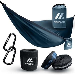 NORDMUT® Amaca Ultralight Outdoor [con Set di Fissaggio] - Amaca da Campeggio con Set di Protezione degli Alberi per Campeggio, Outdoor e Giardino - Portata Max 300 kg (Blu / 140 x 275 cm)