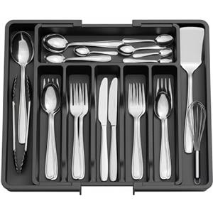 Baroni Home Portaposate Estendibile per Cassetto, Organizer Regolabile in Plastica, fino a 8 Scomparti, Divisorio per Posate e Utensili Cucina, 37,5x34-57x5 cm (Nero)