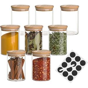 Baroni Home Set 8 Barattoli in Vetro Borosilicato con Tappo in Bamboo, Portaspezie in Vetro con Etichetta e Pennarello, Contenitori Alimentari Ermetici Lavabili in Lavastoviglie, Design Minimal