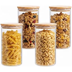 Baroni Home Set 4 Barattoli in Vetro Borosilicato con Tappo in Bamboo, 1.2 L Contenitori Alimentari Ermetici Lavabili in Lavastoviglie, Design Minimal, 20 cm
