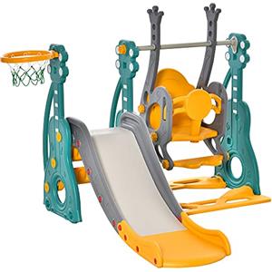 HOMCOM Scivolo 3 in 1 per Bambini con Altalena Regolabile, Canestro e Palle per Cameretta e Giardino, 152x149x107cm, Blu, Grigio, Giallo