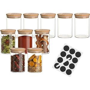 Baroni Home Set 10 Barattoli in Vetro Borosilicato con Tappo in Bamboo, 120ml Portaspezie in Vetro con Etichette e Pennarello, Contenitori Alimentari Ermetici Lavabili in Lavastoviglie, 7,5x5,5x5,5cm