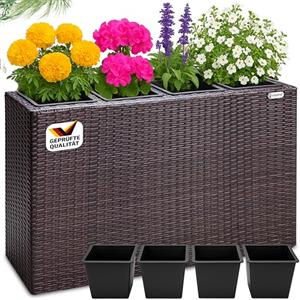 Casaria Fioriera Rettangolare 95x27x60 cm con 4 Vasi Interni in Polyrattan con Sistema di Drenaggio Fioriere Porta Vaso da Fiori Piante Divisorio Giardino Balcone Terrazza Marrone