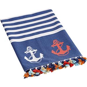 Baroni Home Telo Mare e Pareo con Nappe Colorate 80% Cotone 20% Poliestere, Telo Hammam Multiuso per Spiaggia, Yoga e Piscina Super Assorbente, Asciugatura Rapida, Ancore Blu 170x90 cm