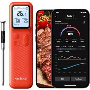 ThermoMaven P1 Termometro Intelligente per Carne Senza Fili - 152m Bluetooth 5.3, 1 Sonda 6 Sensori, Monitoraggio WiFi Illimitato, Stabilità, Impermeabile IPX8, per Barbecue, Forno, Cucina
