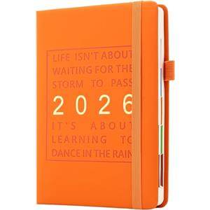 Goldaypln Agenda 2026, formato A5, una pagina al giorno, da gennaio a dicembre, planner giornaliero per tutto l'anno, con linguette mensili colorate, copertina rigida, con tasca interna, segnalibro (arancione)