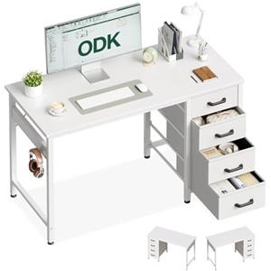 ODK Piccola Scrivania con 4 Cassetti, 100x48cm Tavolo per Computer con Gancio per Cuffie, Scrivania Ufficio Reversibile per Piccolo Ufficio in Casa, Bianco