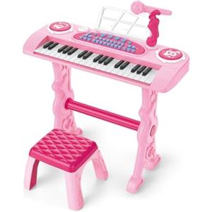 Baroni Toys Tastiera Elettronica con Sgabello per Bambini 3+ Anni con Microfono - Pianola Musicale con Melodie, Luci e Suoni Educativi, Tastiera con Sedia Rosa, 48x20x53cm