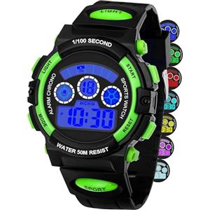 DTKID Orologio digitale per bambini ragazzi e ragazze, LED a 7 colori, orologio da polso per bambini con sveglia, cronometro, data, impermeabile 5 ATM, orologio sportivo per bambini (verde scuro)