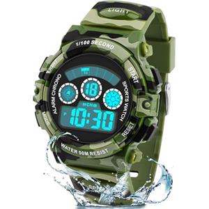 DTKID Orologio per Bambini per Ragazzi con Display a LED a 7 Colori, con Sveglia, Timer, Datario, Impermeabile 5 ATM, per Sport all'Aria Aperta, Colore Mimetico Verde