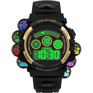 DTKID Orologio per Bambini Ragazzi con Display a LED a 7 Colori, Sveglia, Timer, Datario, Impermeabile 5 ATM, Orologio Sportivo per Adolescenti, Nero e Oro