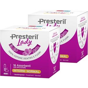 LADY PRESTERIL Presteril Lady - Assorbenti Interni Normal 100% Cotone - 2x16 (tot. 32) | con applicatore, ipoallergenici, traspiranti, per flussi moderati, mantiene il pH vaginale, contro i cattivi odori