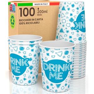 Baciato Caffè 100 Bicchieri in Carta 200ml Ecologici Biodegradabili Monouso Made in Italy Asporto Bevande Calde Acqua Colorati Fantasia DRINK ME - Prodotto e Confezionato in Italia