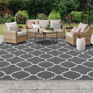 OIGAE Tappeto da Esterno Grande Reversibile 150 x 240 cm, in Plastica PP, Resistente alla Pioggia e ai Raggi UV, Antiscivolo, Pieghevole e Lavabile, per Terrazzo Giardino Camping Spiaggia, Grigio