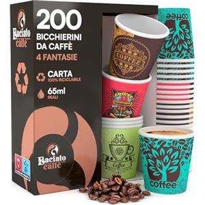 Eurocali 200 Bicchierini in Carta per Caffè 65ml Usa e Getta 4 Fantasie Colorate - Bicchieri Monouso Biodegradabili Ecologici Piccoli - Calore Fino a 95°C per Ristoranti Ufficio Asporto Bar - Fantasia Mix E