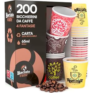 Eurocali 200 Bicchierini in Carta per Caffè 65ml Usa e Getta 4 Fantasie Colorate - Bicchieri Monouso Biodegradabili Ecologici Piccoli - Calore Fino a 95°C per Ristoranti Ufficio Asporto Bar - Fantasia Mix C