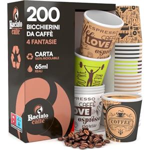 Eurocali 200 Bicchierini in Carta per Caffè 65ml Usa e Getta 4 Fantasie Colorate - Bicchieri Monouso Biodegradabili Ecologici Piccoli - Calore Fino a 95°C per Ristoranti Ufficio Asporto Bar - Fantasia Mix D