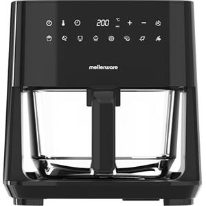 MELLERWARE - Friggitrice ad aria 1450 W | Cestello vetro 4,5 L | 9 programmi + preriscaldamento | Schermo tattile | Temp 80-200 °C | Timer 60 min | Lavabile in lavastoviglie