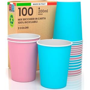 Baciato Caffè 100 Bicchieri in Carta 200ml Mix Happy Ecologici Biodegradabili Monouso Made in Italy Asporto Bevande Calde Acqua - MIX di Colori Rosa Azzurro - Prodotto e Confezionato in Italia