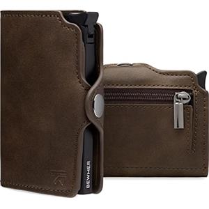 BEWMER Porta Carte di Credito 1 ZIP Schermato | Portafoglio Slim da Uomo e Donna | Porta Tessere e Documenti con Rfid Protection e Fermasoldi in Carbon Fiber (Marrone con Zip)