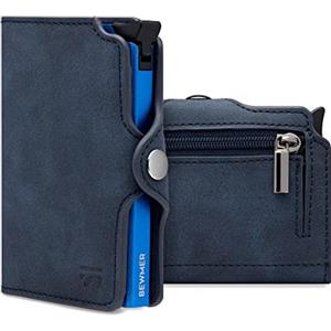 BEWMER Porta Carte di Credito 1 ZIP Schermato | Portafoglio Slim da Uomo e Donna | Porta Tessere e Documenti con Rfid Protection e Fermasoldi in Carbon Fiber (Blu con Zip)