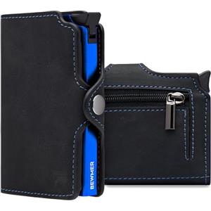 BEWMER Porta Carte di Credito 1 Schermato | Portafoglio Slim da Uomo e Donna | Porta Tessere e Documenti con Rfid Protection e Fermasoldi in Carbon Fiber (NeroElettricoBlu Con zip)