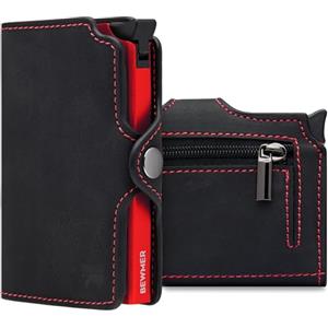 BEWMER Porta Carte di Credito 1 ZIP Schermato | Portafoglio Slim da Uomo e Donna | Porta Tessere e Documenti con Rfid Protection e Fermasoldi in Carbon Fiber (Nero e Rosso con Zip)