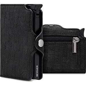 BEWMER Porta Carte di Credito 1 ZIP Schermato | Portafoglio Slim da Uomo e Donna | Porta Tessere e Documenti con Rfid Protection e Fermasoldi in Carbon Fiber (Nero Sughero con Zip)