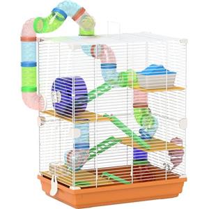 PawHut Gabbia per Criceti a 5 Livelli con Tubi, Ruota, Casetta, Scale e Bottiglia, Gabbietta per Roditori in Metallo e Plastica, 46x30x58 cm, Arancione