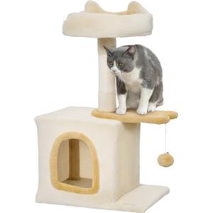 PawHut Albero Tiragraffi per Gatti con Posatoio e Casetta, Torre per Gatti in Truciolato, Peluche, cotone PP e Sisal, 40x30x72 cm, Beige e Giallo