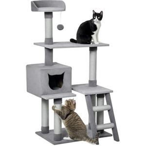 PawHut Tiragraffi Palestra per Gatti Multilivello con Casetta Scala Piattaforme, Pali in Corda di Juta, Grigio, 60.5x40x124cm
