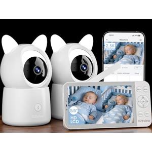 CZEview 2.5K 5,5" Baby Monitor Video e Audio, Luce Notturna & Musica, Telecamera Bambini, Controllo APP Mobile & Monitor, Rilevamento di Suoni, Movimenti e Temperatura (Bianco con 2 telecamere)