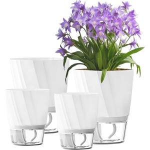 ROLMZJX 4 vasi autoinnaffianti da 20/15/12 cm, grandi vasi autoirriganti con corda di cotone stoppino, vaso in plastica con grande contenitore d'acqua per piante da interno, fiori, erbe aromatiche