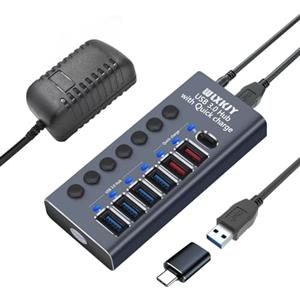 WLXKJY Hub di alimentazione da 36 W (12 V/3 A), hub USB 3.0 7 in 1 in alluminio WLXKJY (4 porte di trasferimento dati USB 3.0, 3 porte di ricarica rapida) con interruttore indipendente