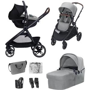 Maxi-Cosi Maxi Cosi Zelia Select+, Passeggino Trio Con Seggiolino Auto, 0-4 anni (0-22 kg), Passeggino Neonato Con Chiusura Compatta a Una Mano, Navicella Reversibile, Seggiolino Auto CabrioFix S i-Size, Grigio