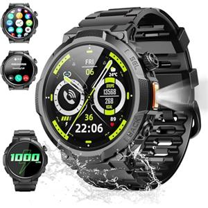 Soudorv Smartwatch Uomo Militare, Orologio Smartwatch 1.43" con Chiamate Bluetooth, 100+ Modalità Sportive, Batteria 1000 mAh, Monitoraggio Sonno e Cardiofrequenzimetro, Torcia e Bussola per IOS/Android