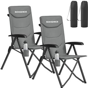 SONGMICS Set di 2 Sedie da Campeggio, Reclinabile 95°-150°, Pieghevole Imbottita, Schienale Alto Regolabile, Portabicchiere, Borsa con Tracolla, per Giardino, Pranzo, Pesca, Grigio GCB015GZ01-2J