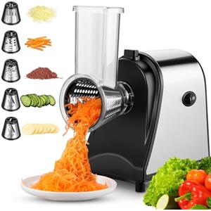 COOCHEER Grattugia elettrica per verdure Tagliaverdure Elettrico in Acciaio Inox, Grattugia Formaggio 250W Robot Multifunzione con 5 Lame per Patate, Carote e Cipolle
