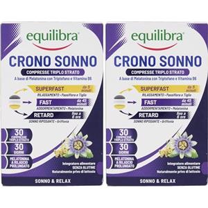 Equilibra Crono Sonno, Melatonina in Compresse Triplo Strato, Rilascio Prolungato fino a 6 ore, Rilassamento e Addormentamento, Tecnologia Super Fast + Fast + Retard, Vegan, Senza Glutine e Lattosio