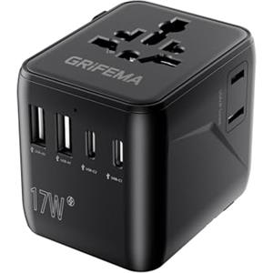 GRIFEMA Adattatore Universale da Viaggio, Caricatore Internazionale 6 in 1 con 2 USB-C, 2 USB-A e 2 Prese AC, Adattatore Presa per Inghilterra (UK), USA, Europa, Australia, Italia, Giappone