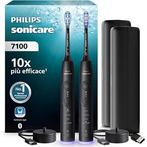 Philips Sonicare 7100, spazzolino elettrico sonico con app, 4 modalità di spazzolamento e 3 livelli di intensità, avviso di pressione, EasyStart, nero, confezione da 2, HX7429/03 [Nuova tecnologia]