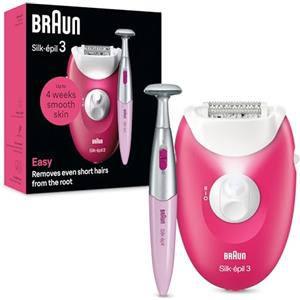 Braun Silk-Épil 3 Epilatore Elettrico Donna, Rasoio Elettrico Donna, con Cavo per Epilazione, Pelle Liscia per Settimane, con Rifinitore Bikini Styler, 3-202, Rosa Lampone