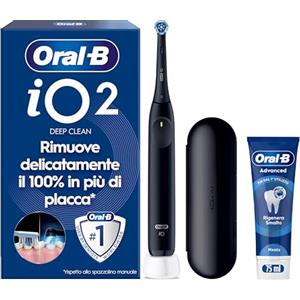 Oral-B iO 2 Spazzolino Elettrico Nero, 1 Testina Di Ricambio per Spazzolino Elettrico, Caricatore, Custodia Da Viaggio + 1 Dentifricio Oral B Advanced Rigenera Smalto, Pulizia Denti Efficace