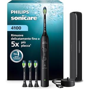 PHILIPS Spazzolino elettrico Philips Sonicare Serie 4100 - Spazzolino sonico con sensore di pressione, 4 impostazioni, EasyStart, SmarTimer, autonomia 21 giorni, custodia, nero, HX4046/52, [Nuovo]