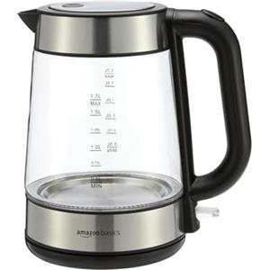 Amazon Basics Bollitore elettrico in vetro, 1.7 l, 2200W, Nero, Argento